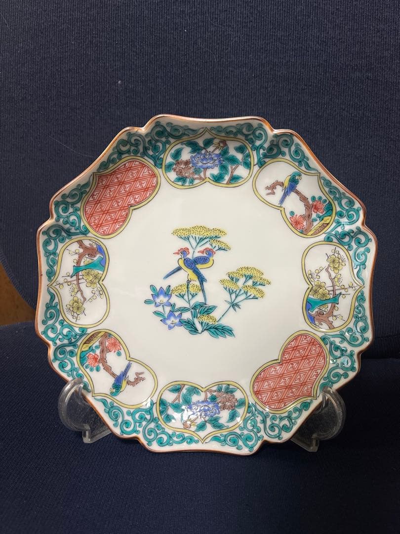 九谷焼　秋月　窓絵花鳥図　中皿　5枚セット