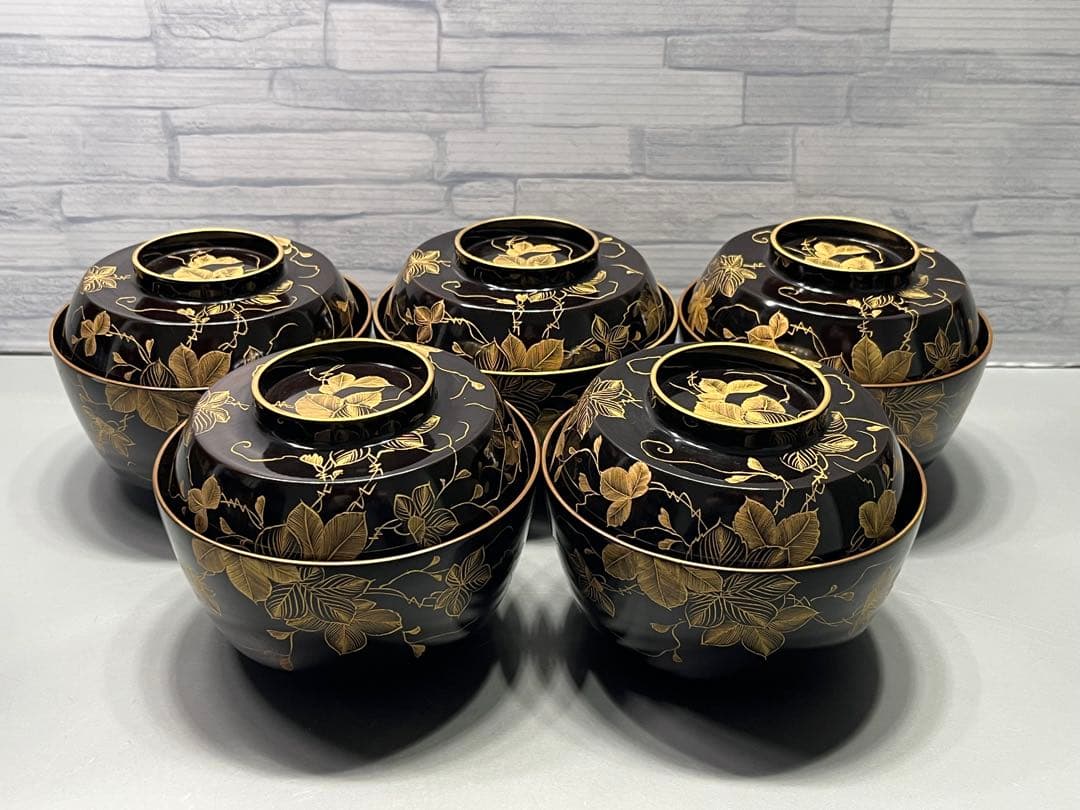 極上　輪島塗　沈金蒔絵　大きめ　吸物椀　煮椀　五客　木製　五客はラストです。