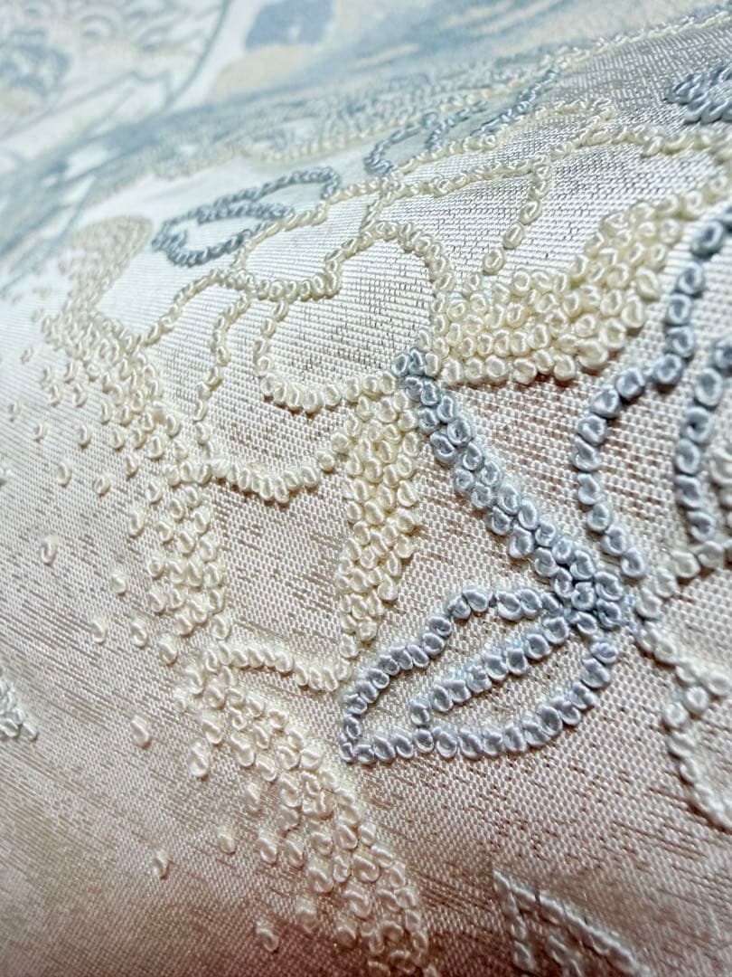 高級 袋帯 正絹 お太鼓柄 相良刺繍 中国刺繍 ホワイト シルバー 訪問着