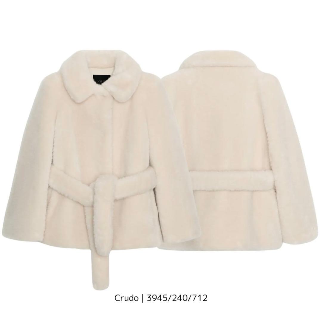 新品、タグ付きZARA クリーム色 ベルト付きフェイクファーコート エクリュ S