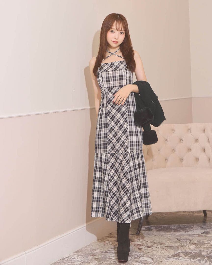 michellMacaron　ボレロチェックロングワンピース
