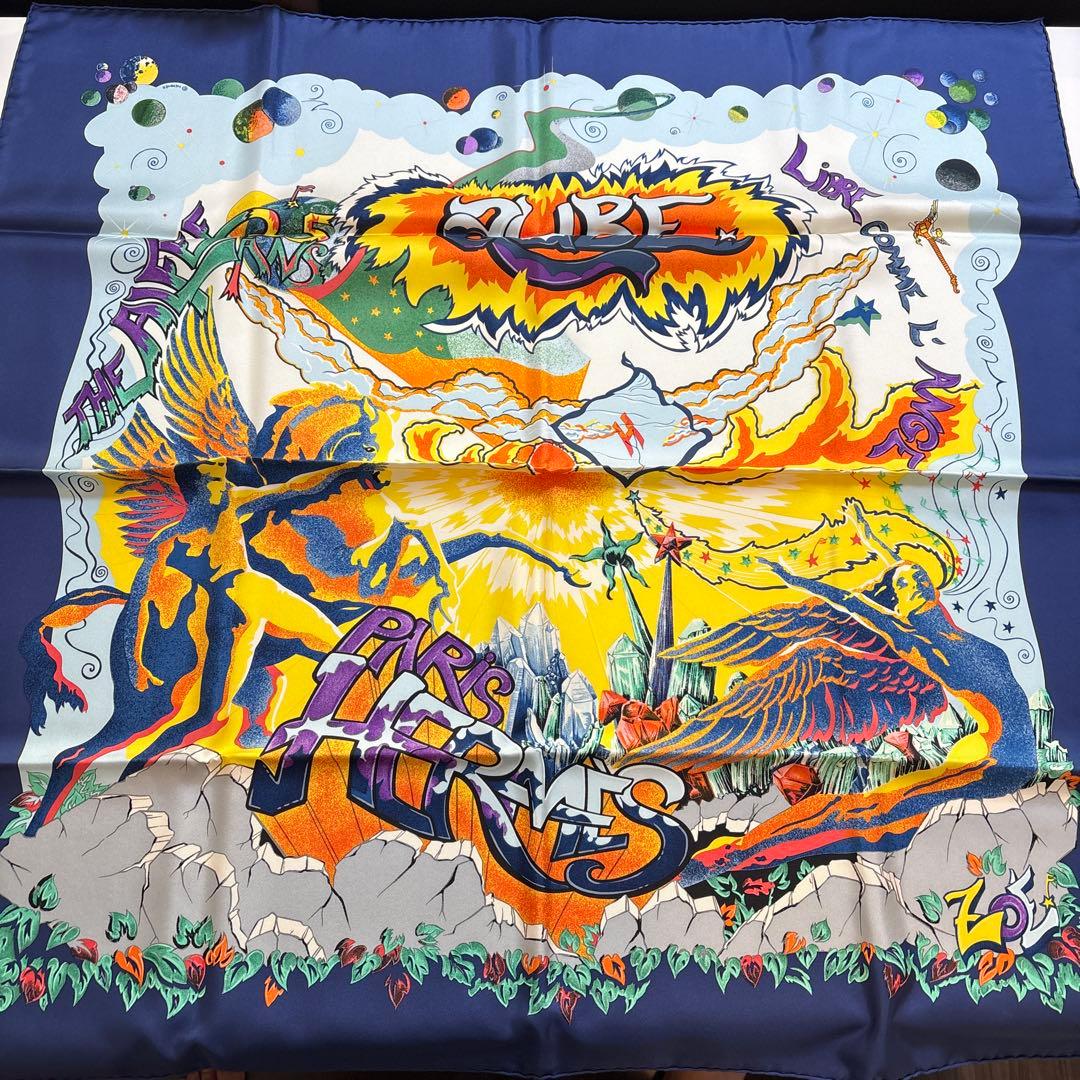 HERMES ネイビーシルクスカーフ THE ALFEE25周年 ボックス付き