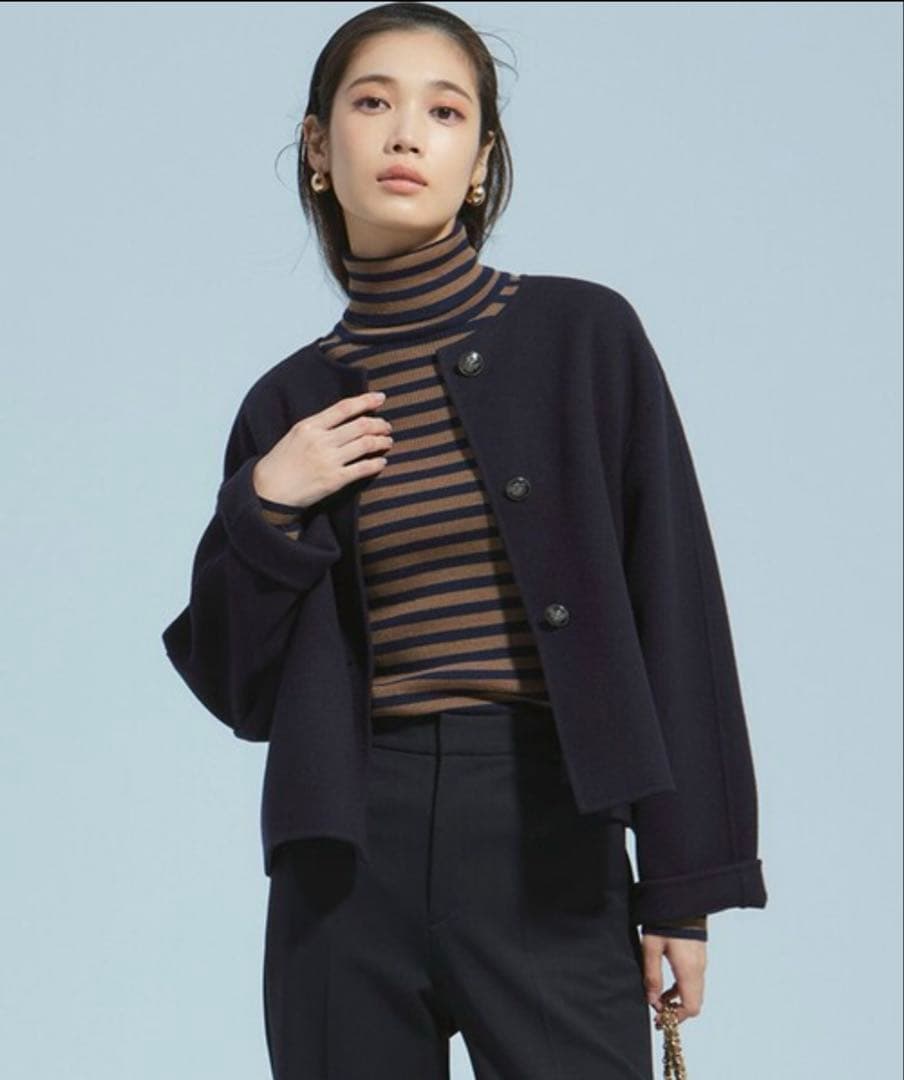 美品✨　23区　ウールリバーノーカラーコート　L　ゆったり　紺　24AW