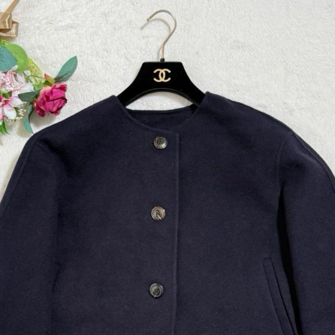 美品✨　23区　ウールリバーノーカラーコート　L　ゆったり　紺　24AW