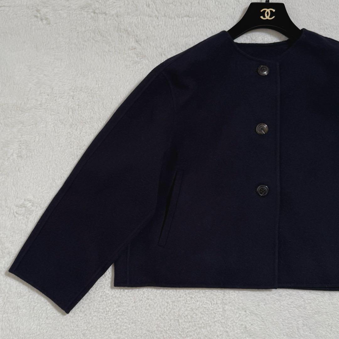 美品✨　23区　ウールリバーノーカラーコート　L　ゆったり　紺　24AW