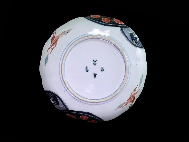古伊万里　金襴手　色絵　鶴に菊　赤壁の賦図　８寸皿　C719AS-CZs