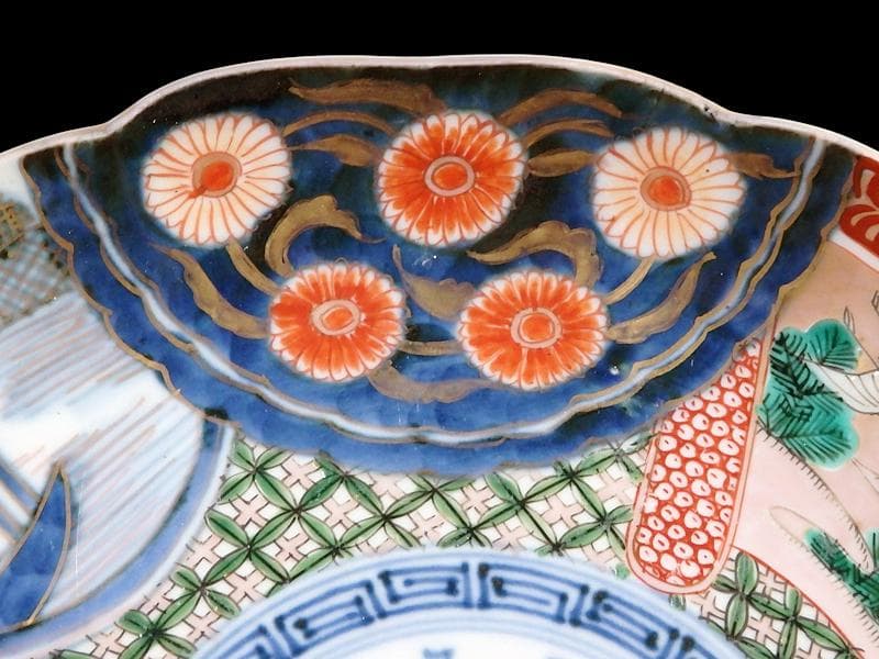 古伊万里　金襴手　色絵　鶴に菊　赤壁の賦図　８寸皿　C719AS-CZs