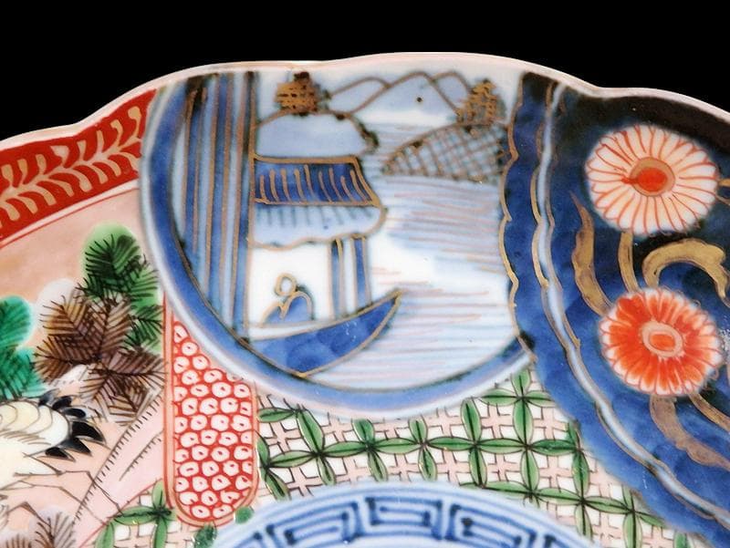 古伊万里　金襴手　色絵　鶴に菊　赤壁の賦図　８寸皿　C719AS-CZs