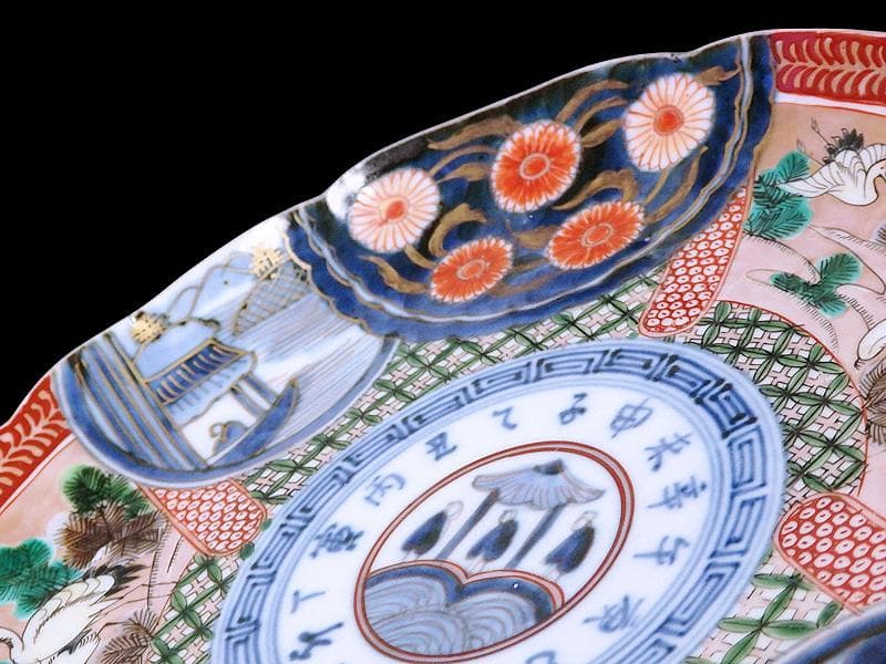 古伊万里　金襴手　色絵　鶴に菊　赤壁の賦図　８寸皿　C719AS-CZs