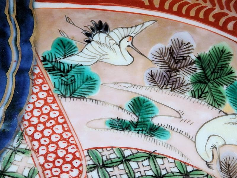 古伊万里　金襴手　色絵　鶴に菊　赤壁の賦図　８寸皿　C719AS-CZs