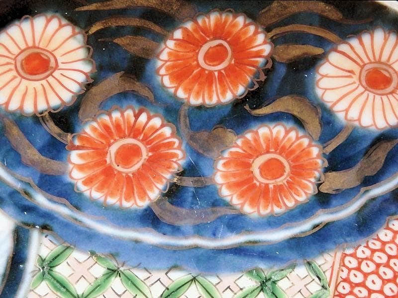 古伊万里　金襴手　色絵　鶴に菊　赤壁の賦図　８寸皿　C719AS-CZs