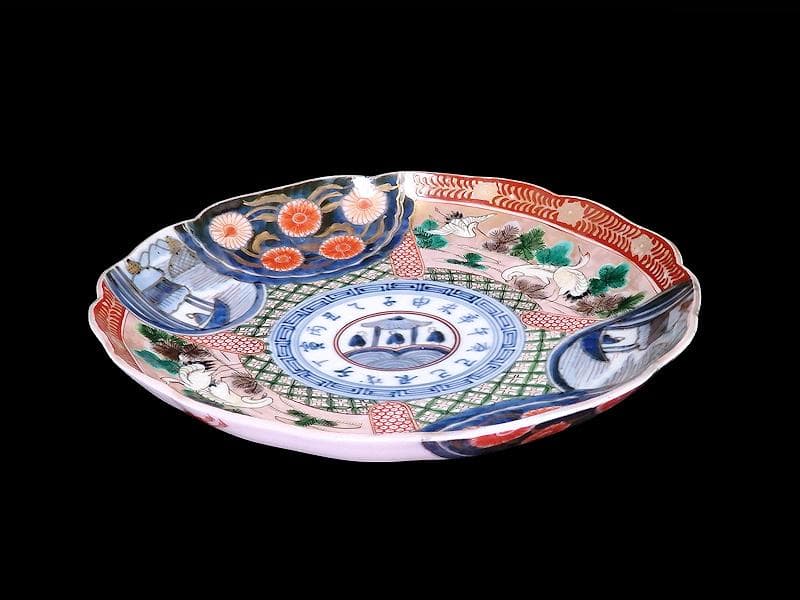 古伊万里　金襴手　色絵　鶴に菊　赤壁の賦図　８寸皿　C719AS-CZs