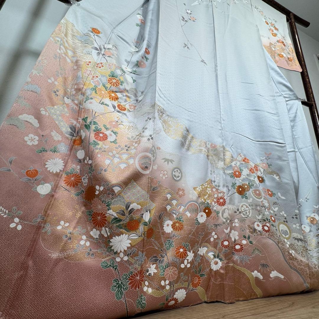 しつけ付　正絹　袷　現代　広襟　高級　訪問着　着物　着丈169 シルバー　光沢