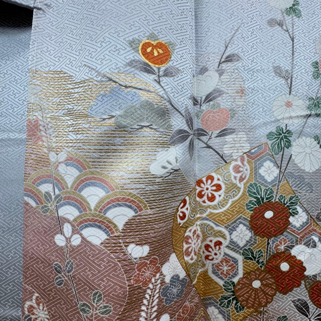 しつけ付　正絹　袷　現代　広襟　高級　訪問着　着物　着丈169 シルバー　光沢