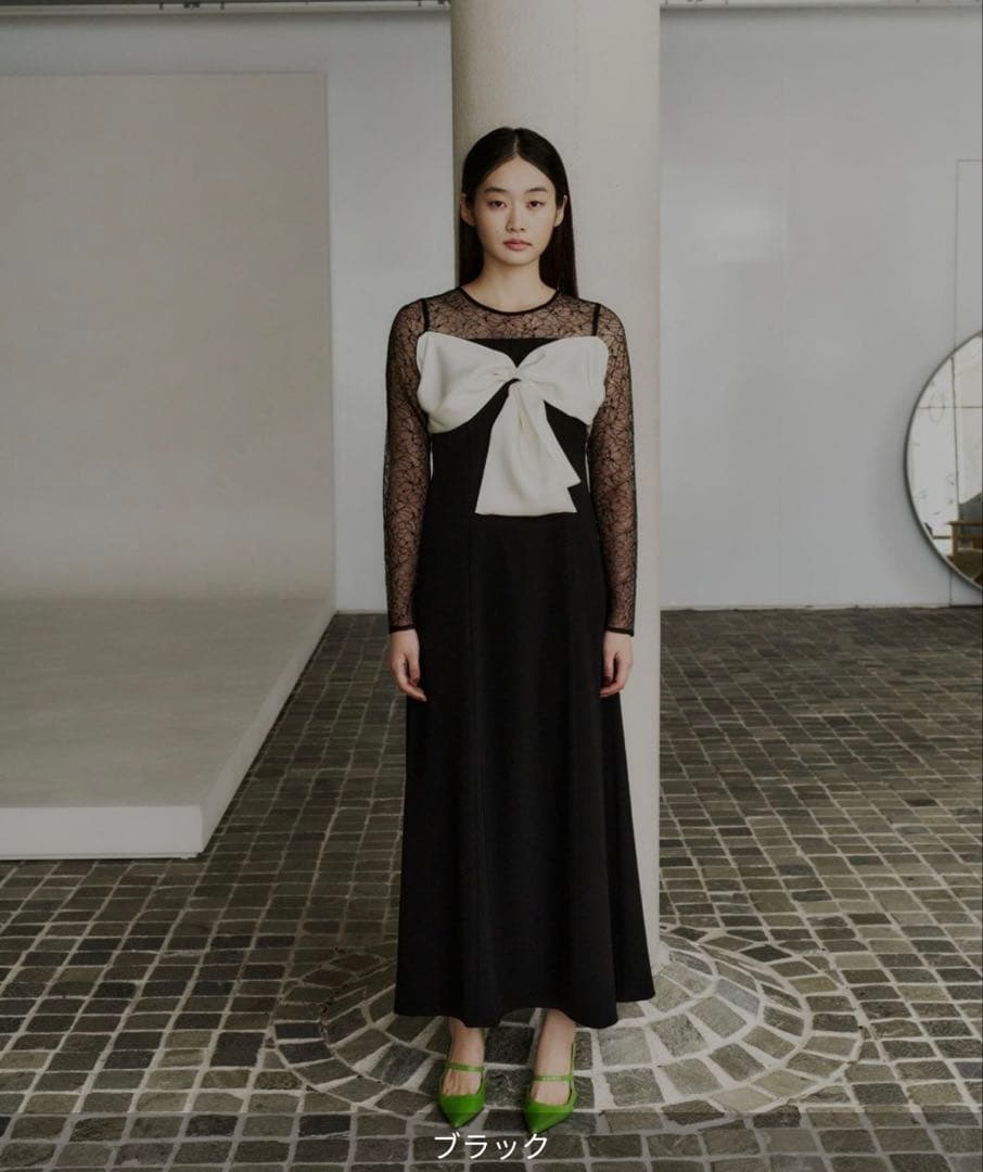 ブラック マキシドレス レーススリーブ リボン