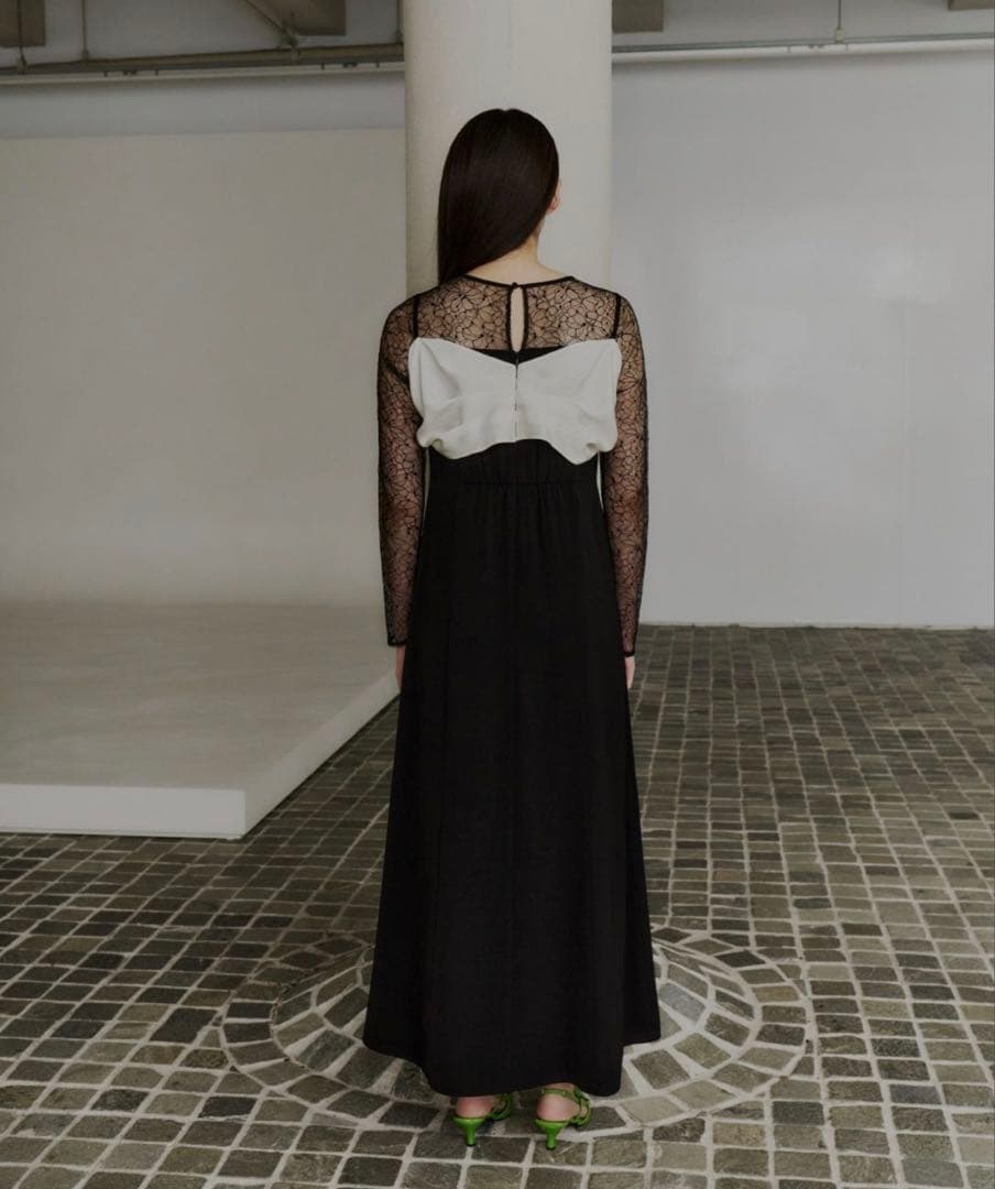ブラック マキシドレス レーススリーブ リボン