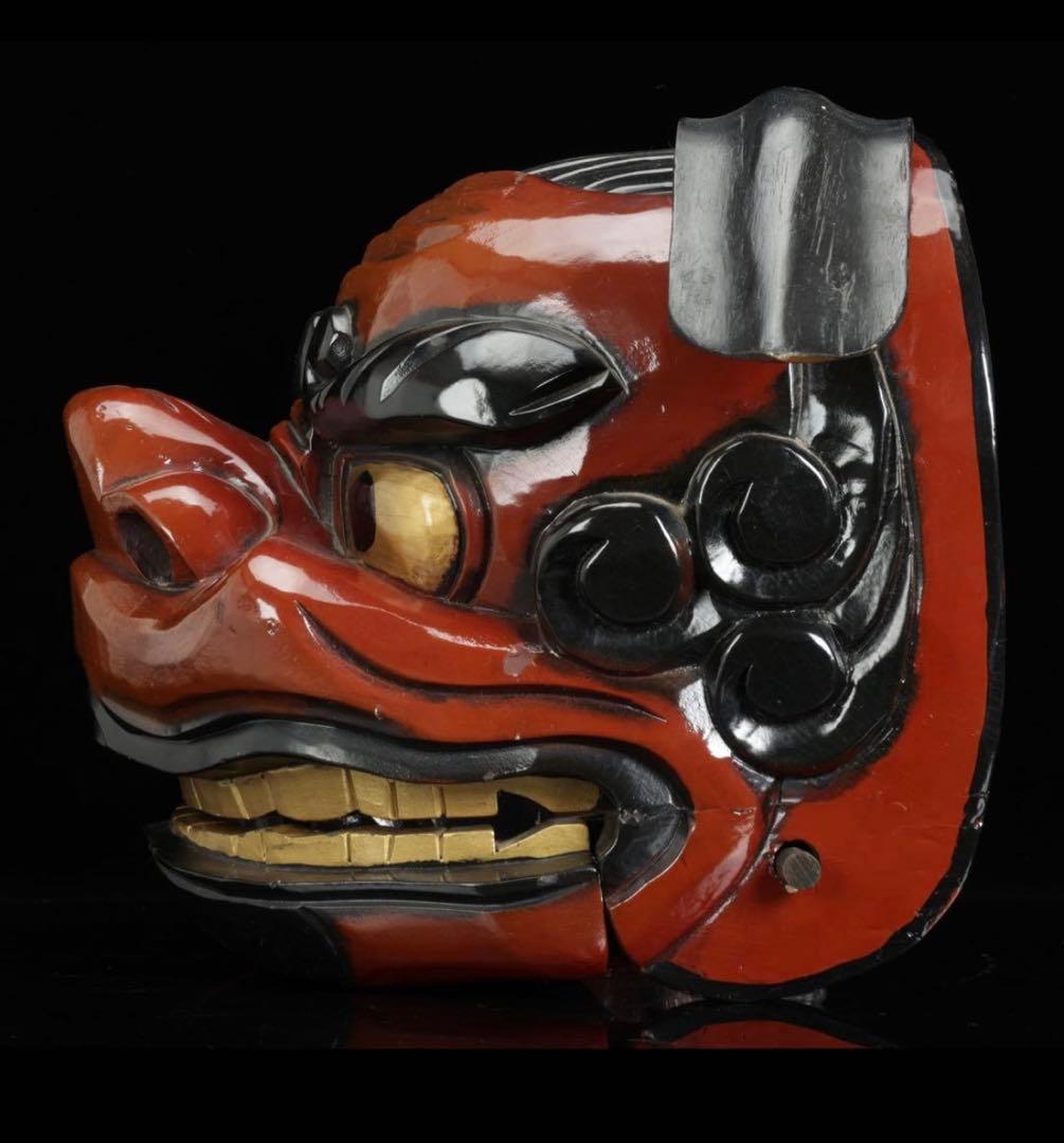 時代物 木彫獅子頭 朱漆塗金彩 幅54cm 獅子舞 神楽面 魔除 縁起物 骨董品