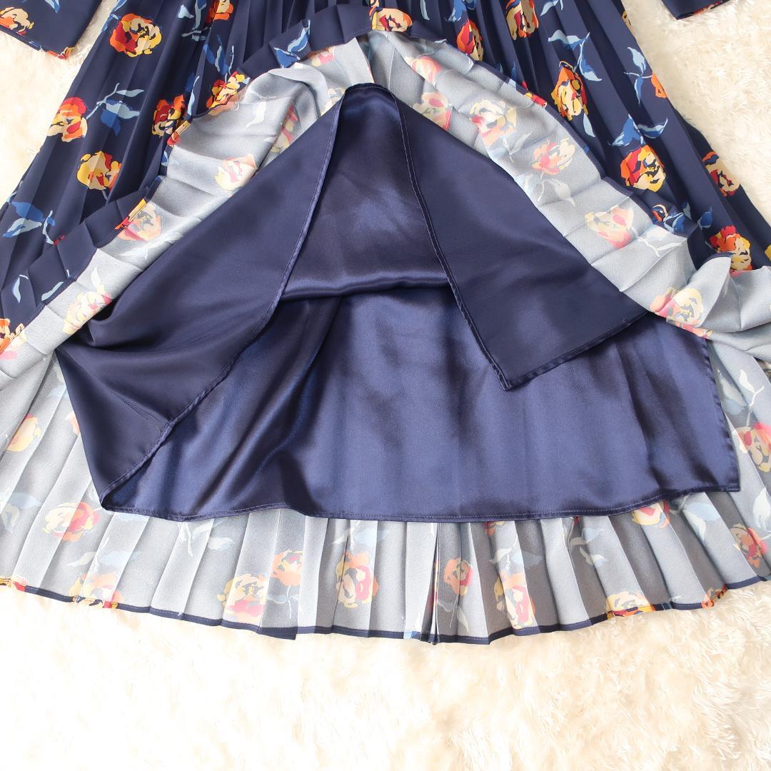 【タグ付き】アンタイトル プリーツワンピース ロング丈 長袖 花柄 ネイビー 2