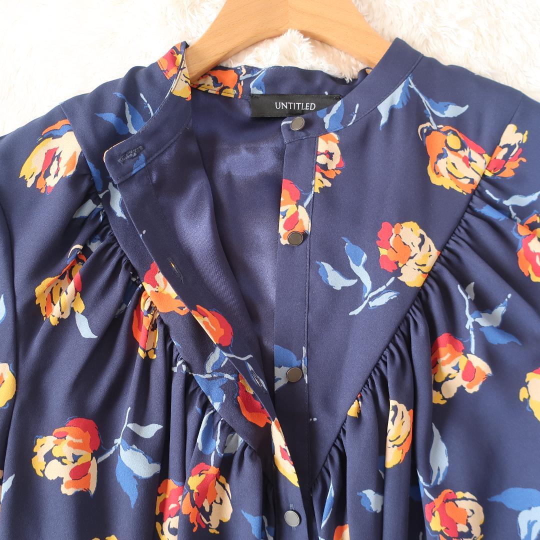 【タグ付き】アンタイトル プリーツワンピース ロング丈 長袖 花柄 ネイビー 2