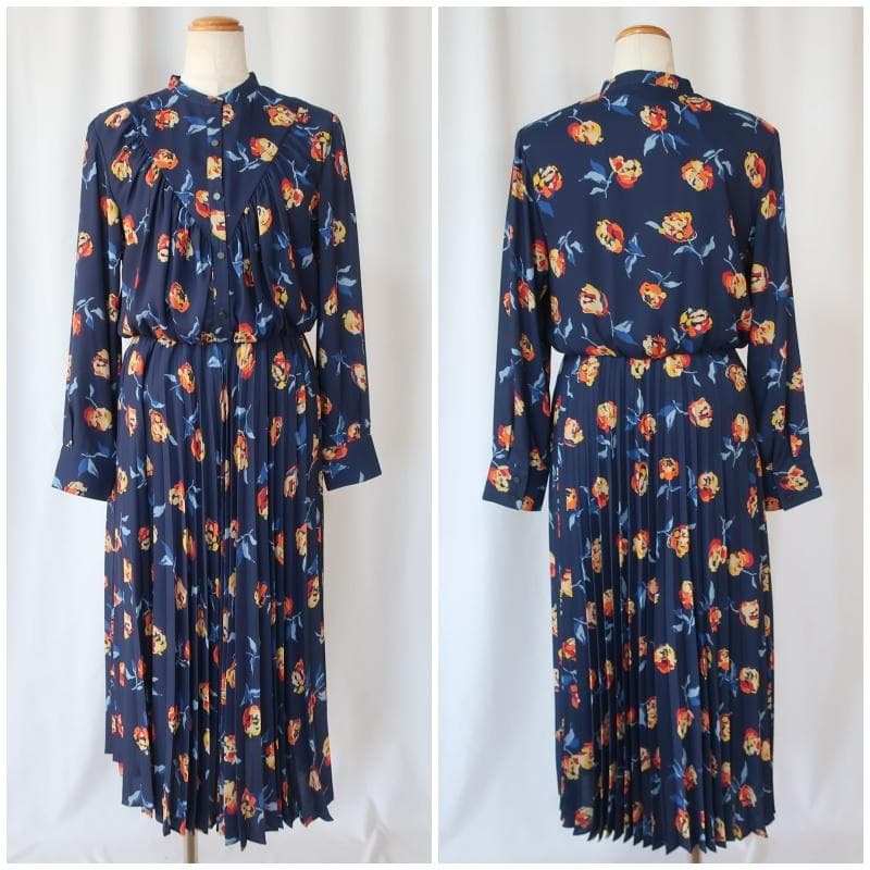 【タグ付き】アンタイトル プリーツワンピース ロング丈 長袖 花柄 ネイビー 2