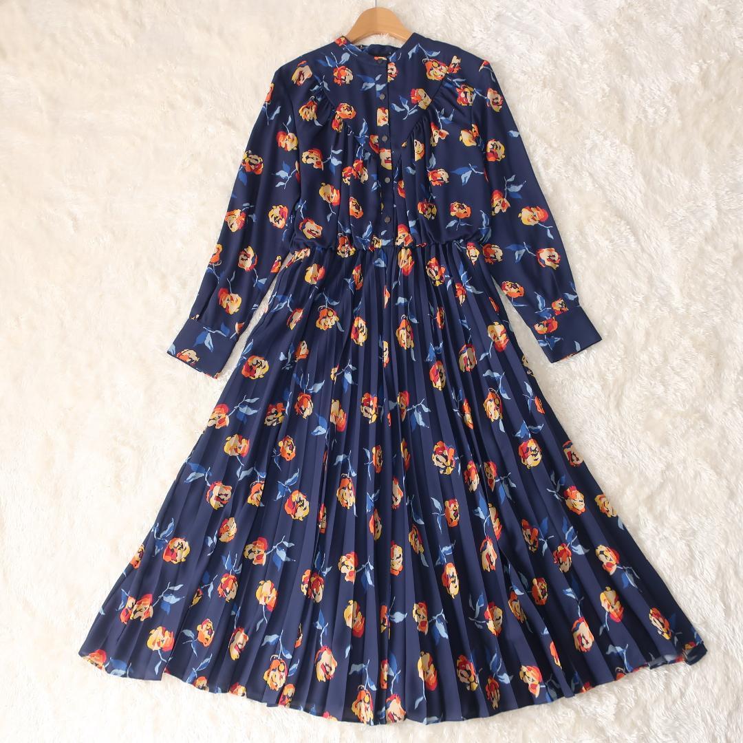 【タグ付き】アンタイトル プリーツワンピース ロング丈 長袖 花柄 ネイビー 2