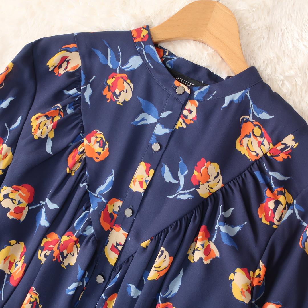 【タグ付き】アンタイトル プリーツワンピース ロング丈 長袖 花柄 ネイビー 2