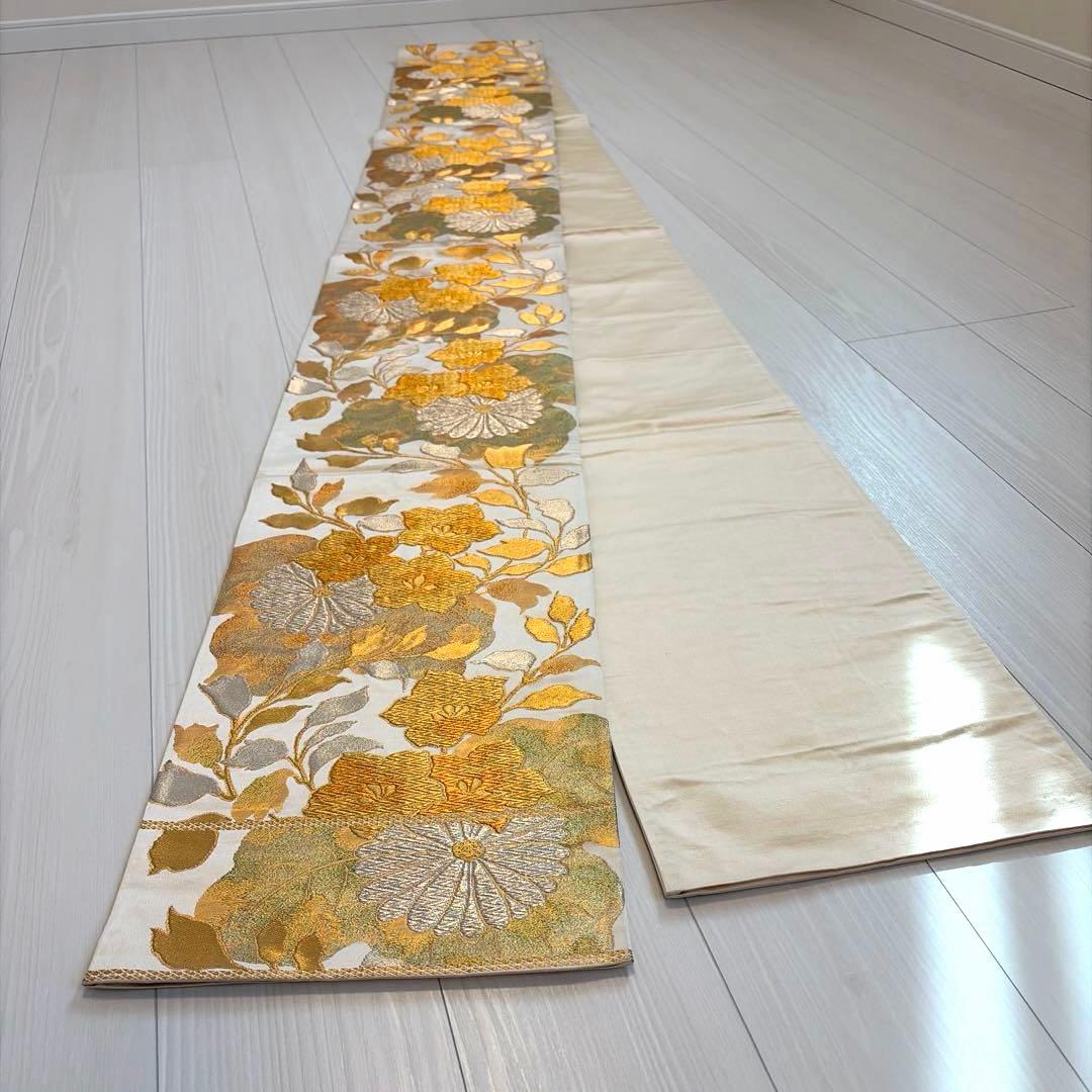 ラ*ー様 ゴールド 金 振袖用 袋帯 正絹 花柄 帯 成人式 華やか シルバー