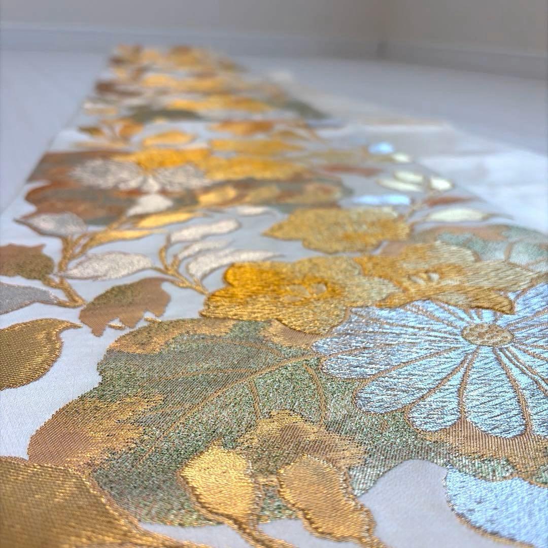 ラ*ー様 ゴールド 金 振袖用 袋帯 正絹 花柄 帯 成人式 華やか シルバー