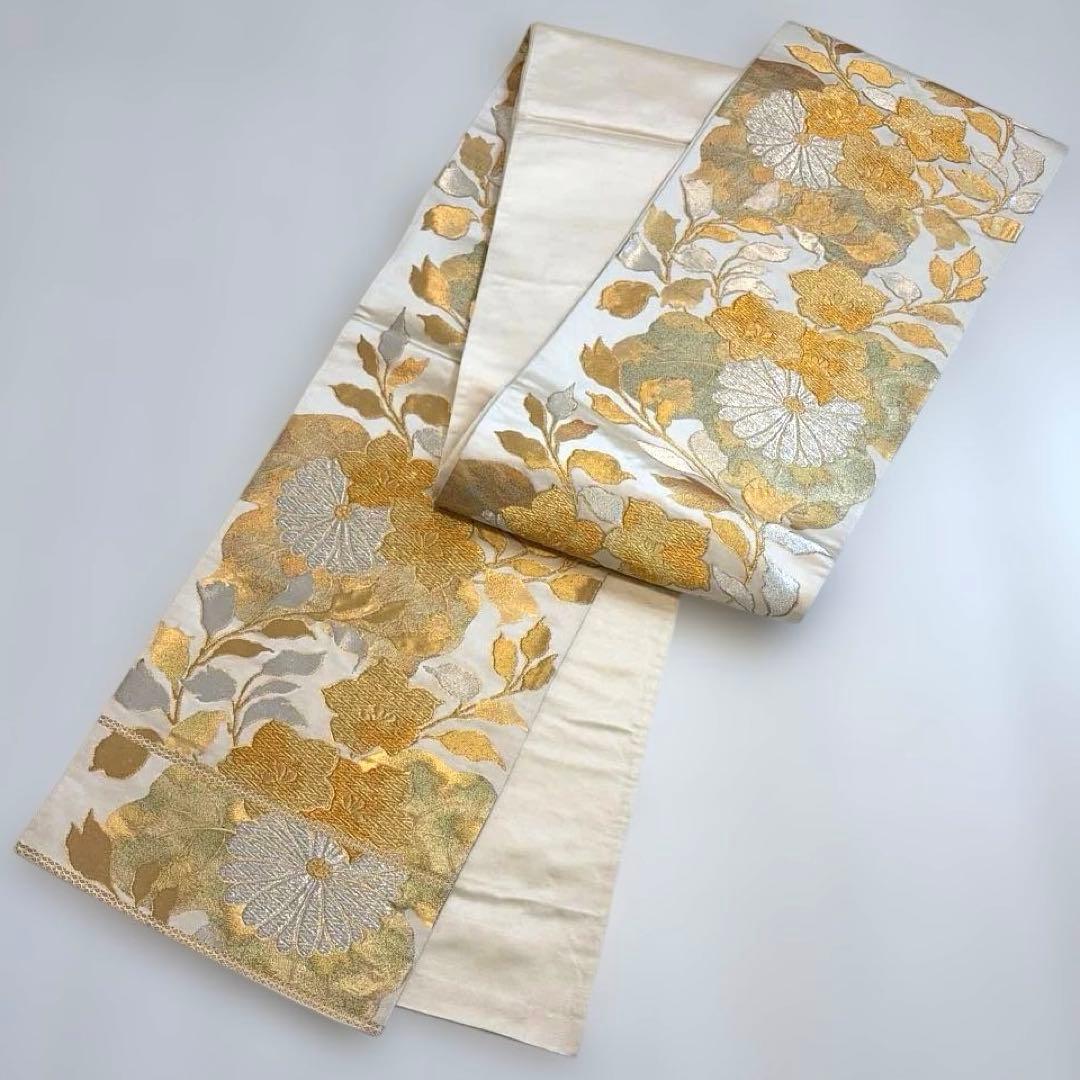ラ*ー様 ゴールド 金 振袖用 袋帯 正絹 花柄 帯 成人式 華やか シルバー