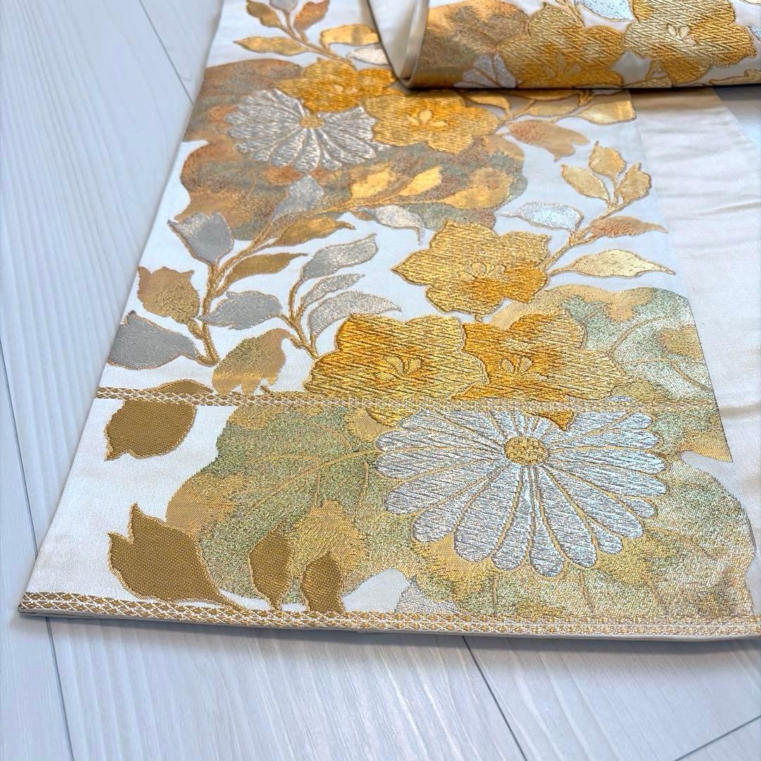 ラ*ー様 ゴールド 金 振袖用 袋帯 正絹 花柄 帯 成人式 華やか シルバー