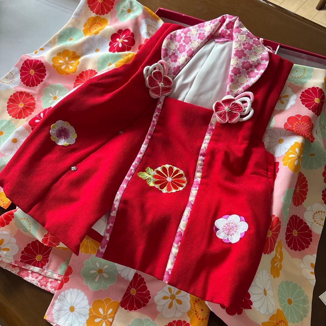 七五三用 赤とピンクの花柄着物セット