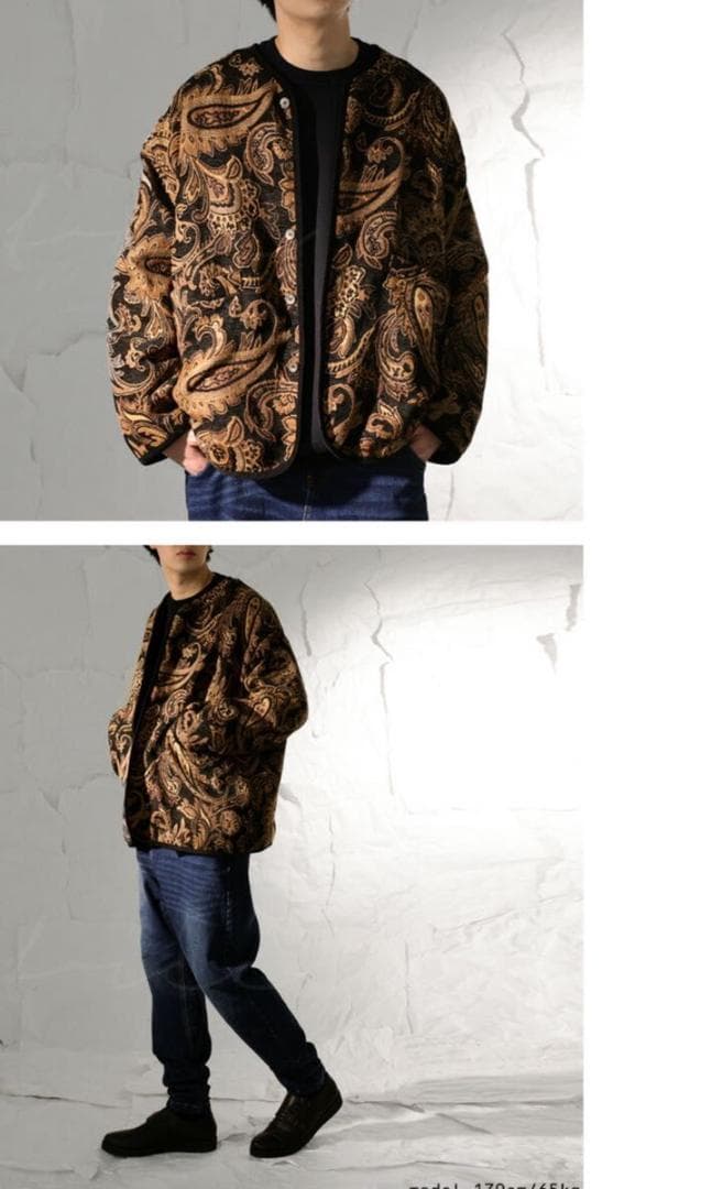 美品　antiqua　ノーカラージャケット　キルティング　ブラック　ペイズリー