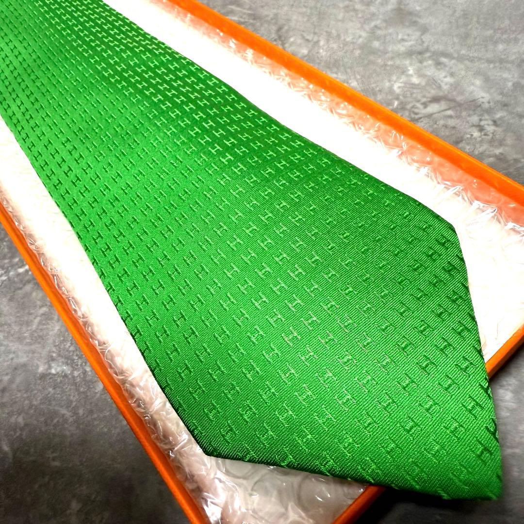 HERMES エルメス ネクタイ グリーン ファソネ H柄 定番 王道 箱付き