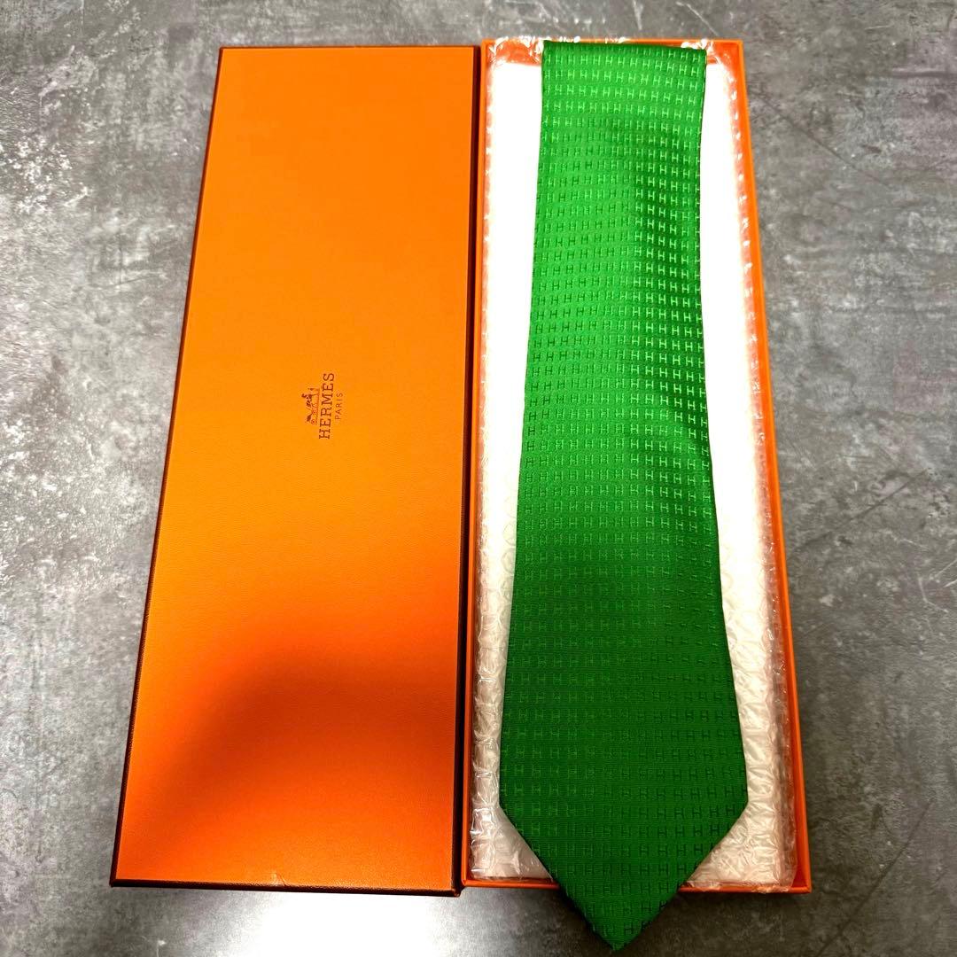 HERMES エルメス ネクタイ グリーン ファソネ H柄 定番 王道 箱付き