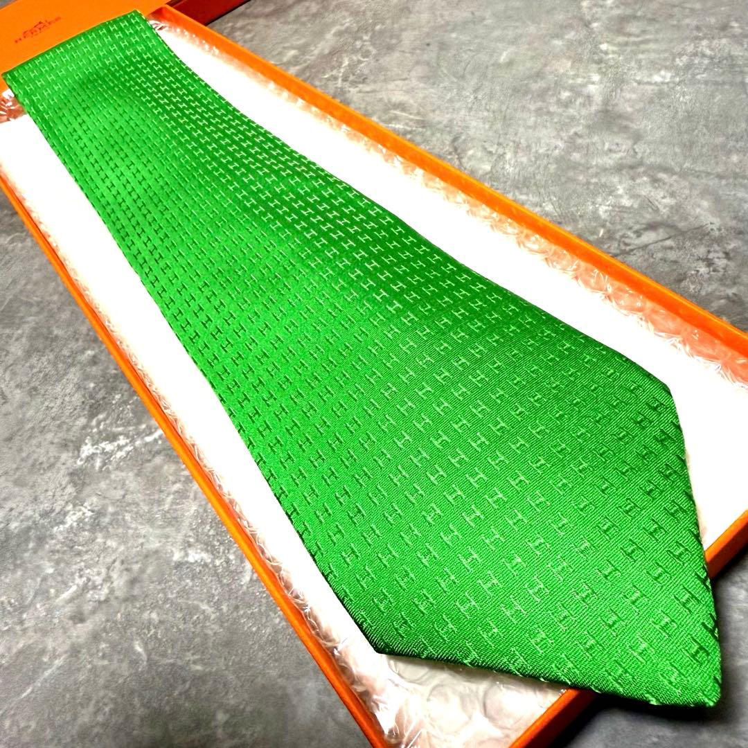 HERMES エルメス ネクタイ グリーン ファソネ H柄 定番 王道 箱付き