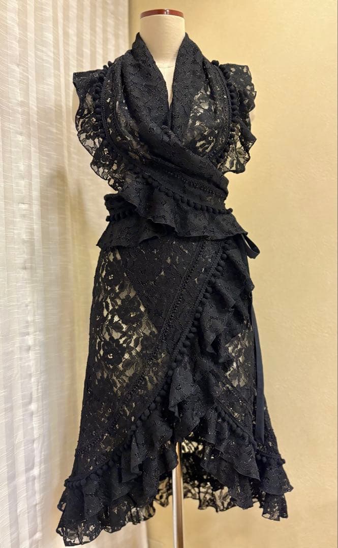 2WAY 巻きスカート　ロング　黒レース　黒ポンポン　フラメンコ　衣装
