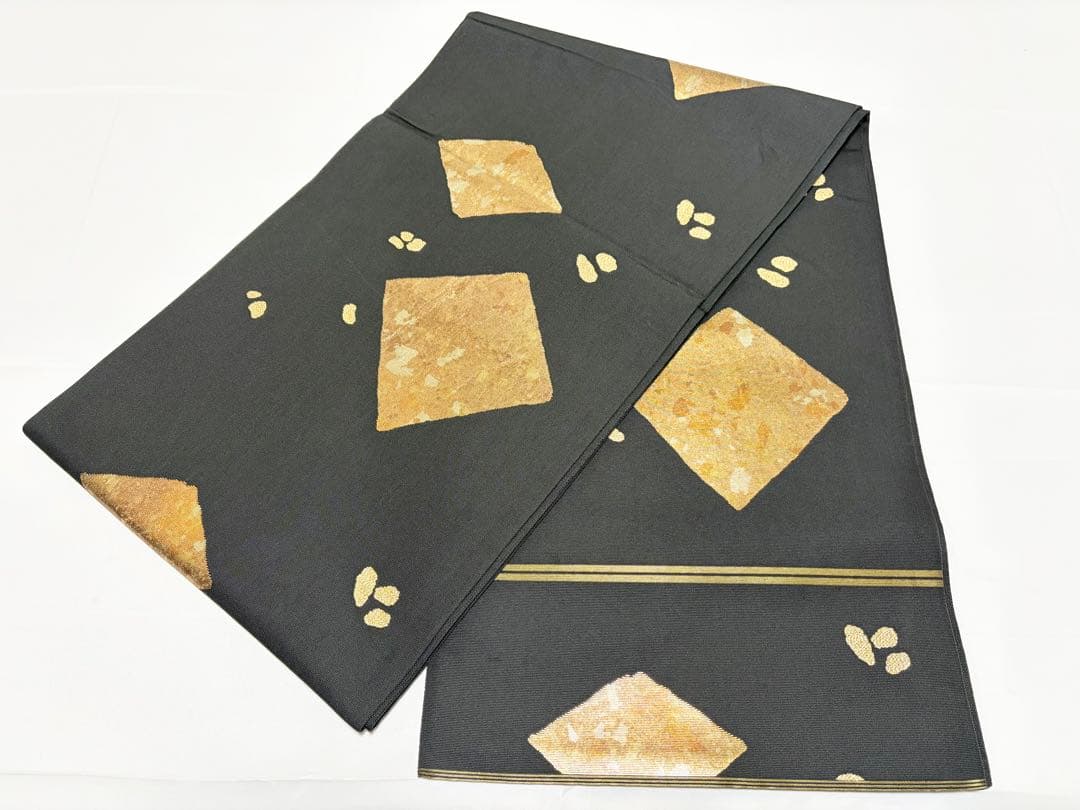 A 川島織物 ◇模様 金糸 引箔 黒 正絹 六通 袋帯 フォーマル O14