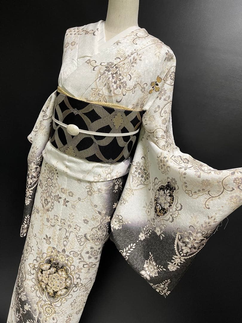 特選金彩訪問着【エキゾチック更紗唐花◆白×墨黒】銀通し煌めく紋意匠地