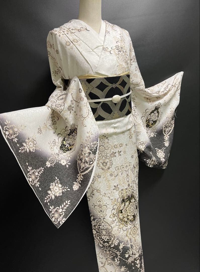 特選金彩訪問着【エキゾチック更紗唐花◆白×墨黒】銀通し煌めく紋意匠地