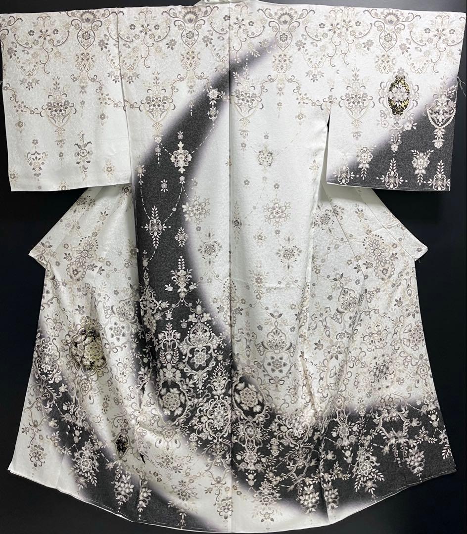 特選金彩訪問着【エキゾチック更紗唐花◆白×墨黒】銀通し煌めく紋意匠地