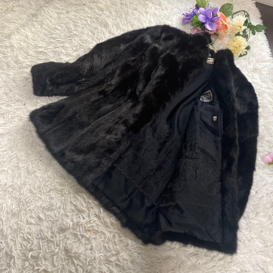 極美品希少13号SAGAMINKサガミンク銀タグ毛皮ロングコート花刺繍　黒近茶