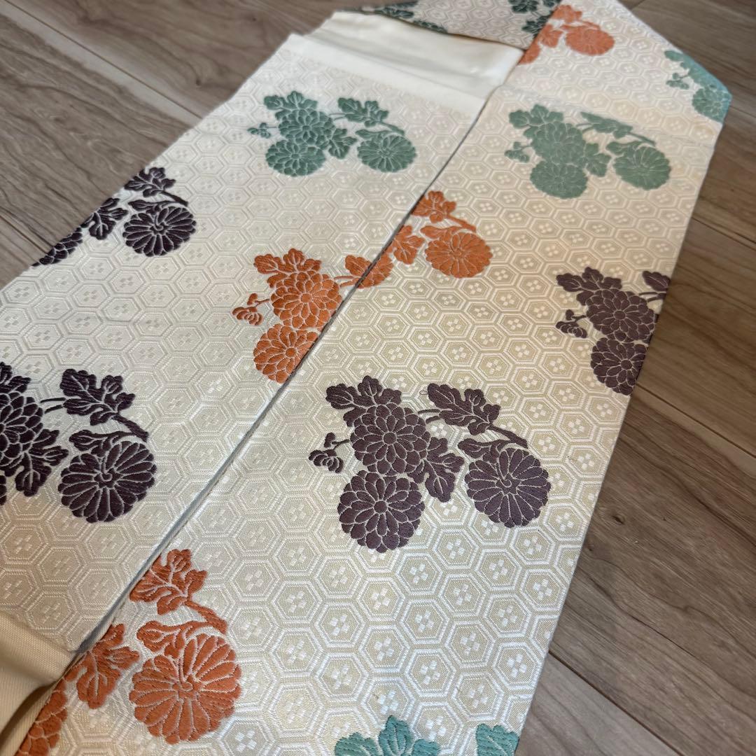 三越　超美品　人間国宝　喜多川平郎　有職唐織　名古屋帯　着物　376 白　紫