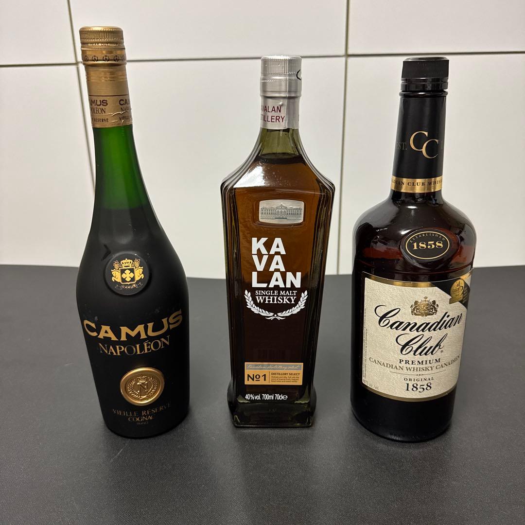 ウイスキー3本セット（カヴァランNo1、カミュ・ナポレオン、カナディアンクラブ）