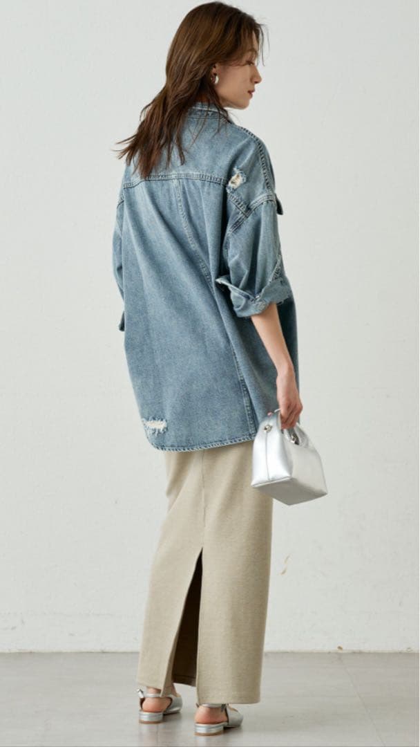 【Loungedress】ダメージデニムシャツ　ブルー