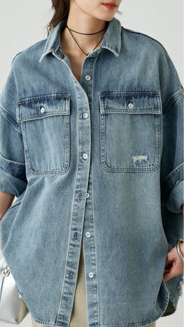 【Loungedress】ダメージデニムシャツ　ブルー
