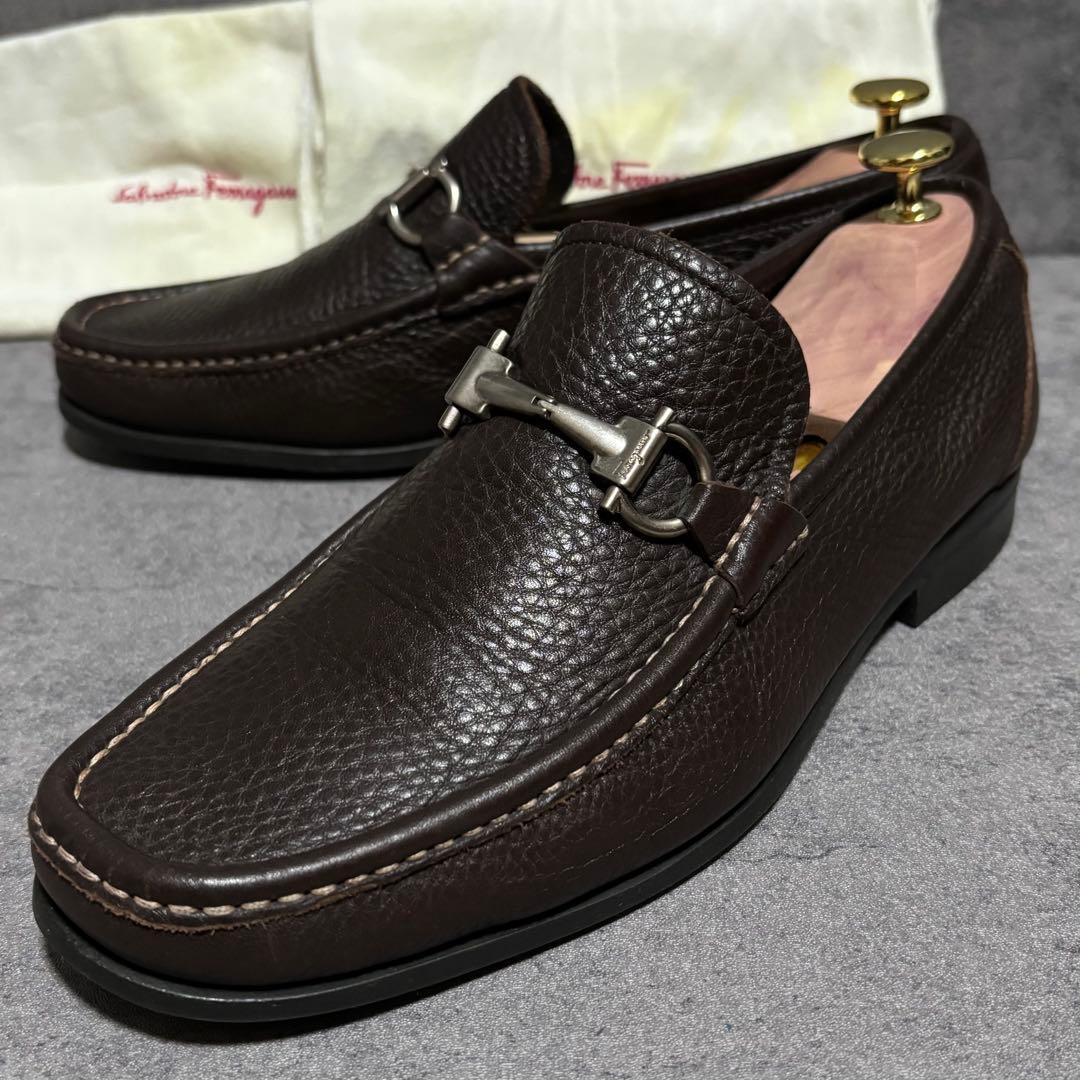 極美品　フェラガモ　ビットローファー　ガンチーニ　シボ革　ブラウン　2185