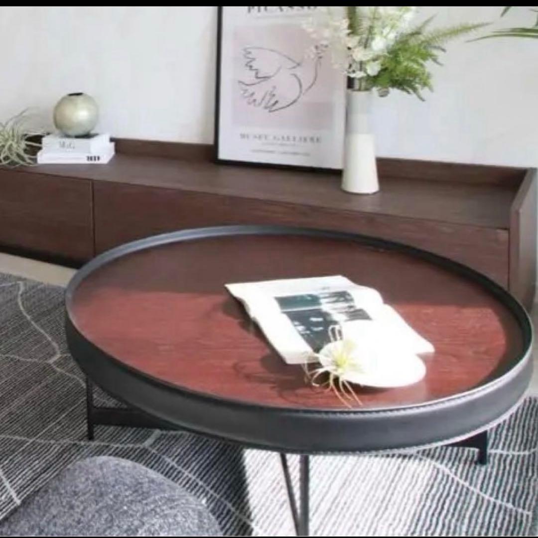 マルー リビング テーブル 丸型 ウッド ブラウン レザー