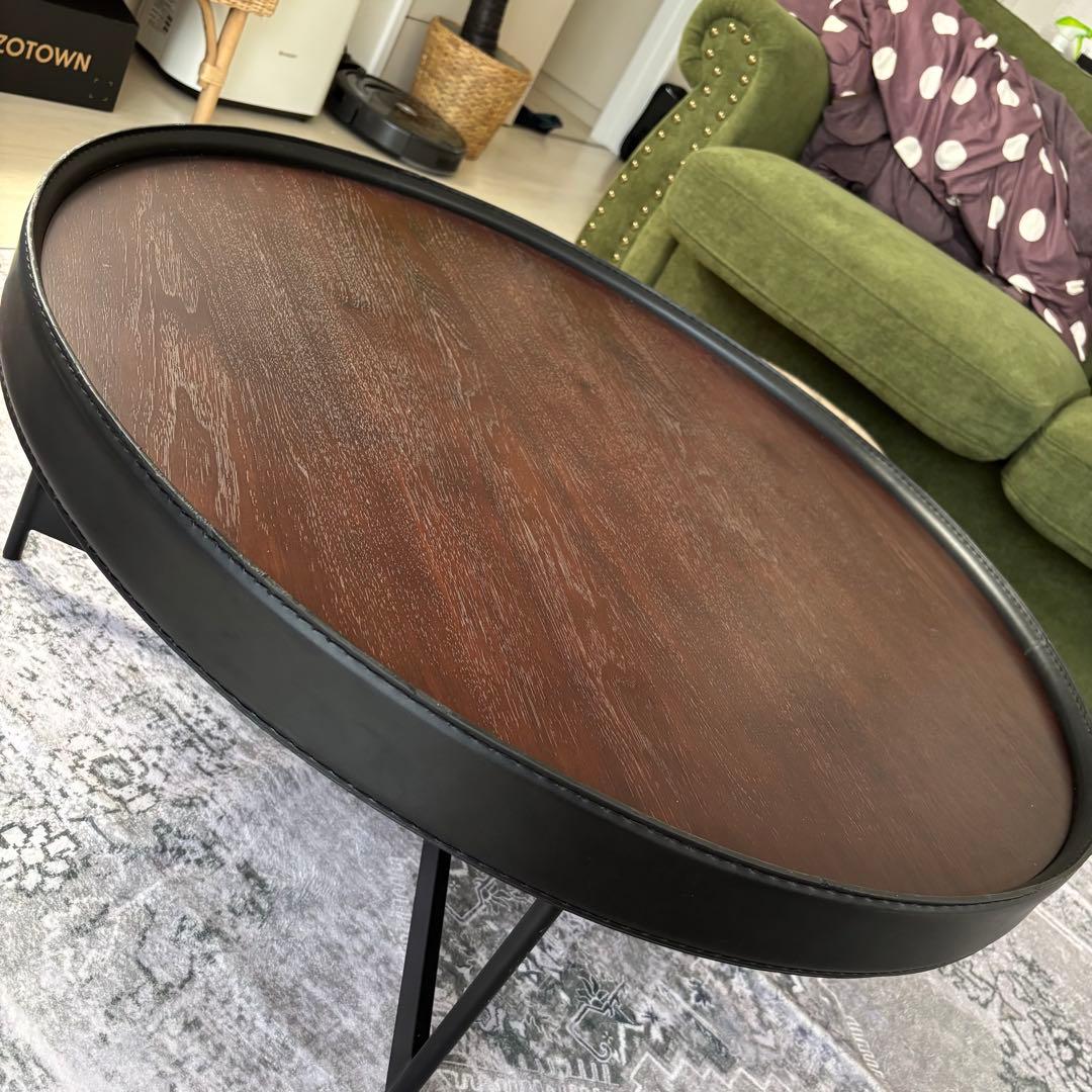 マルー リビング テーブル 丸型 ウッド ブラウン レザー