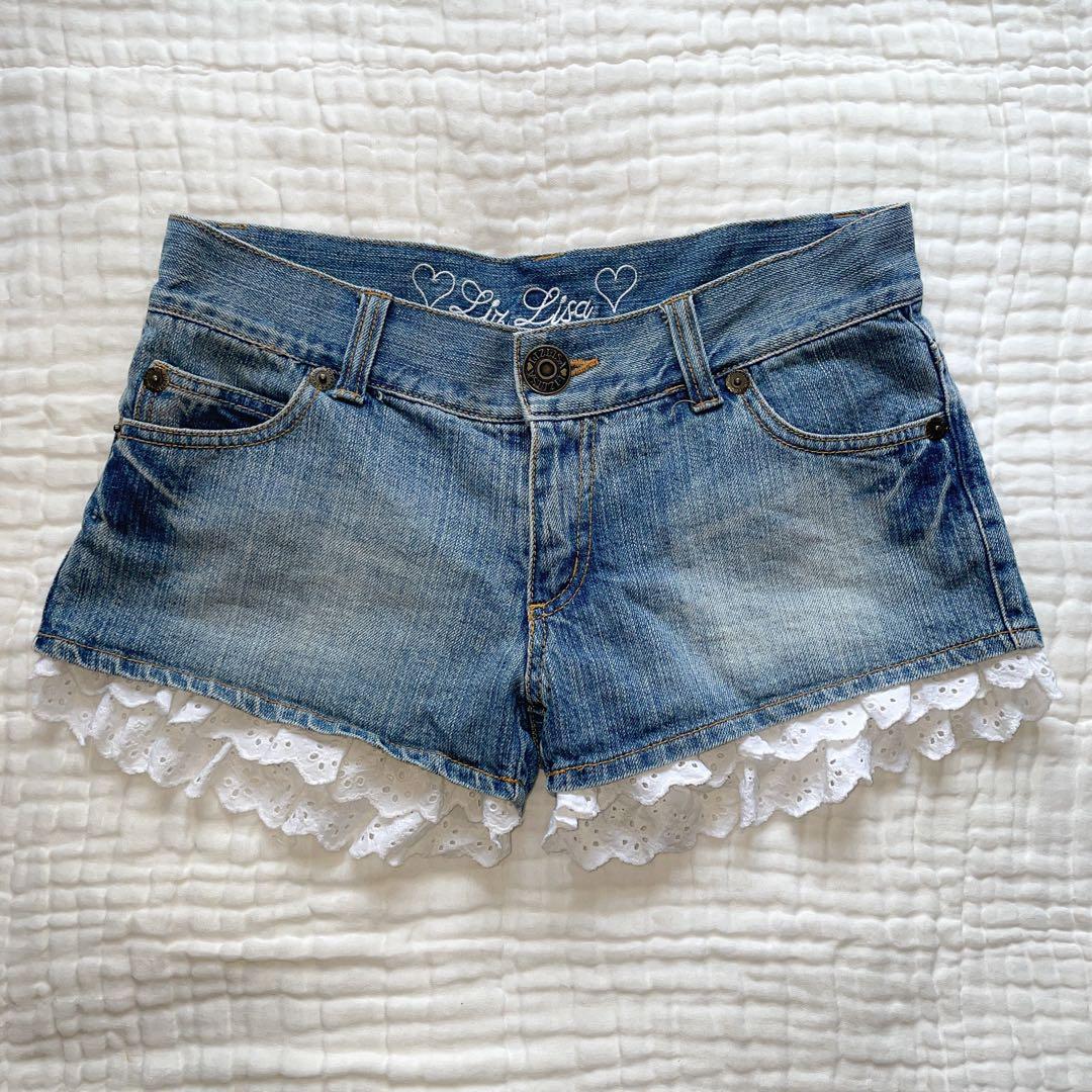 00s 希少 LIZLISA リボンポケット裾レースデニムショーパン 姫ギャル