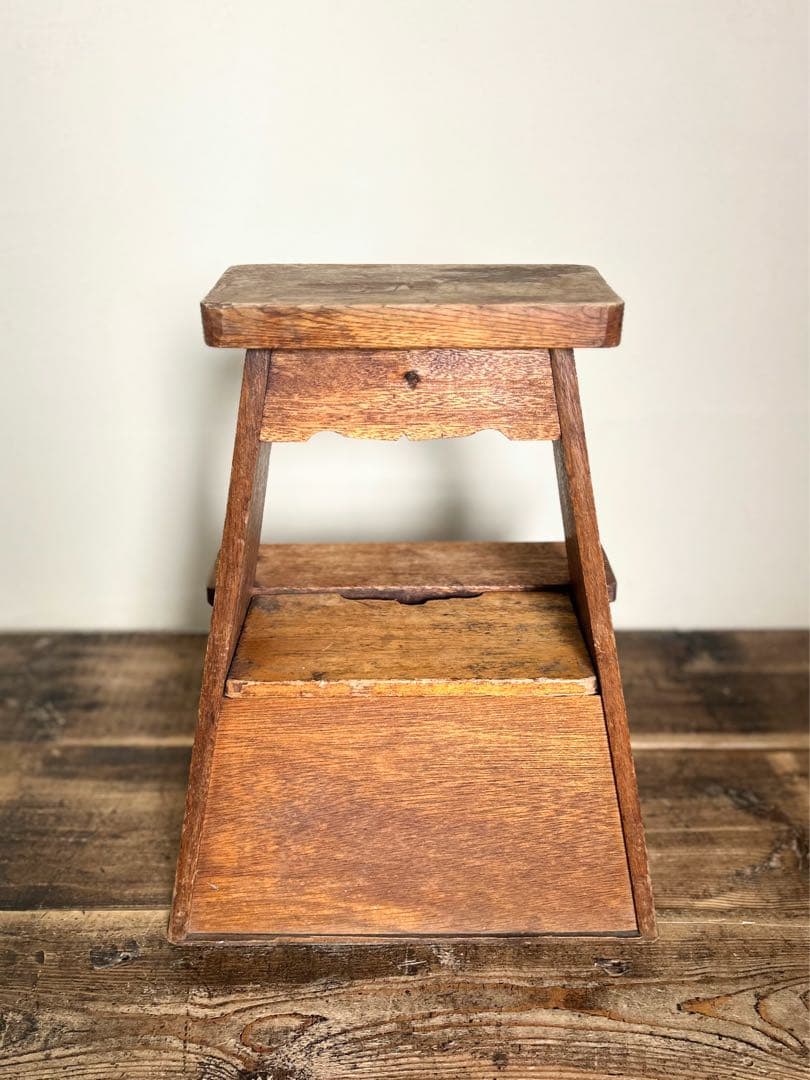 昭和 無垢材 踏み台 収納付き 大工道具 古家具 木製 スツール 作業台